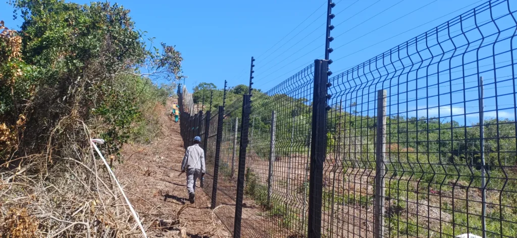 Black clearview fence with an electric fence on top running up a green coastal slope, coastal estate, Plettenberg Bay